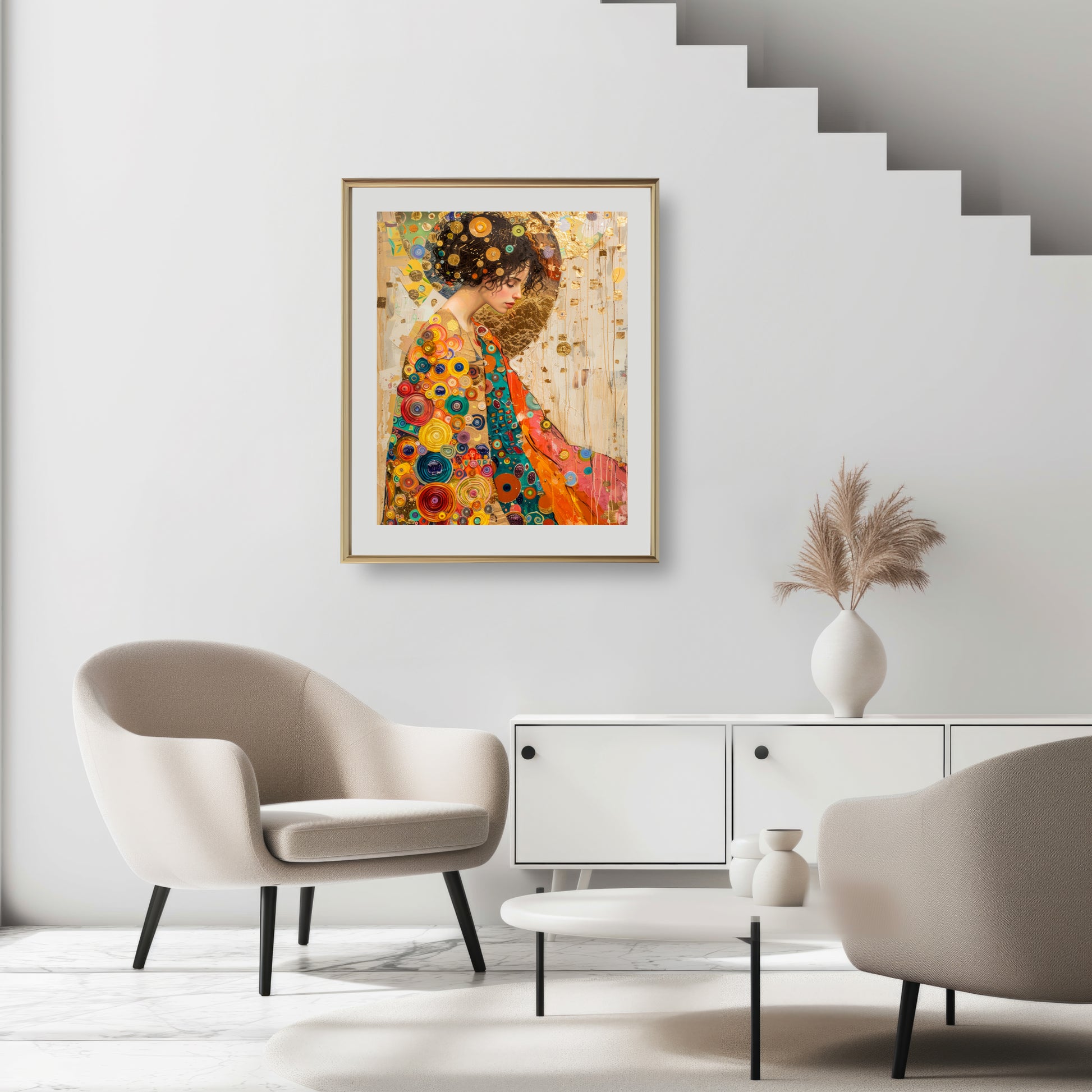 A framed fine art print depicting a woman in profile with a vibrant shawl against a detailed golden background from the Heart Of Gold collection.