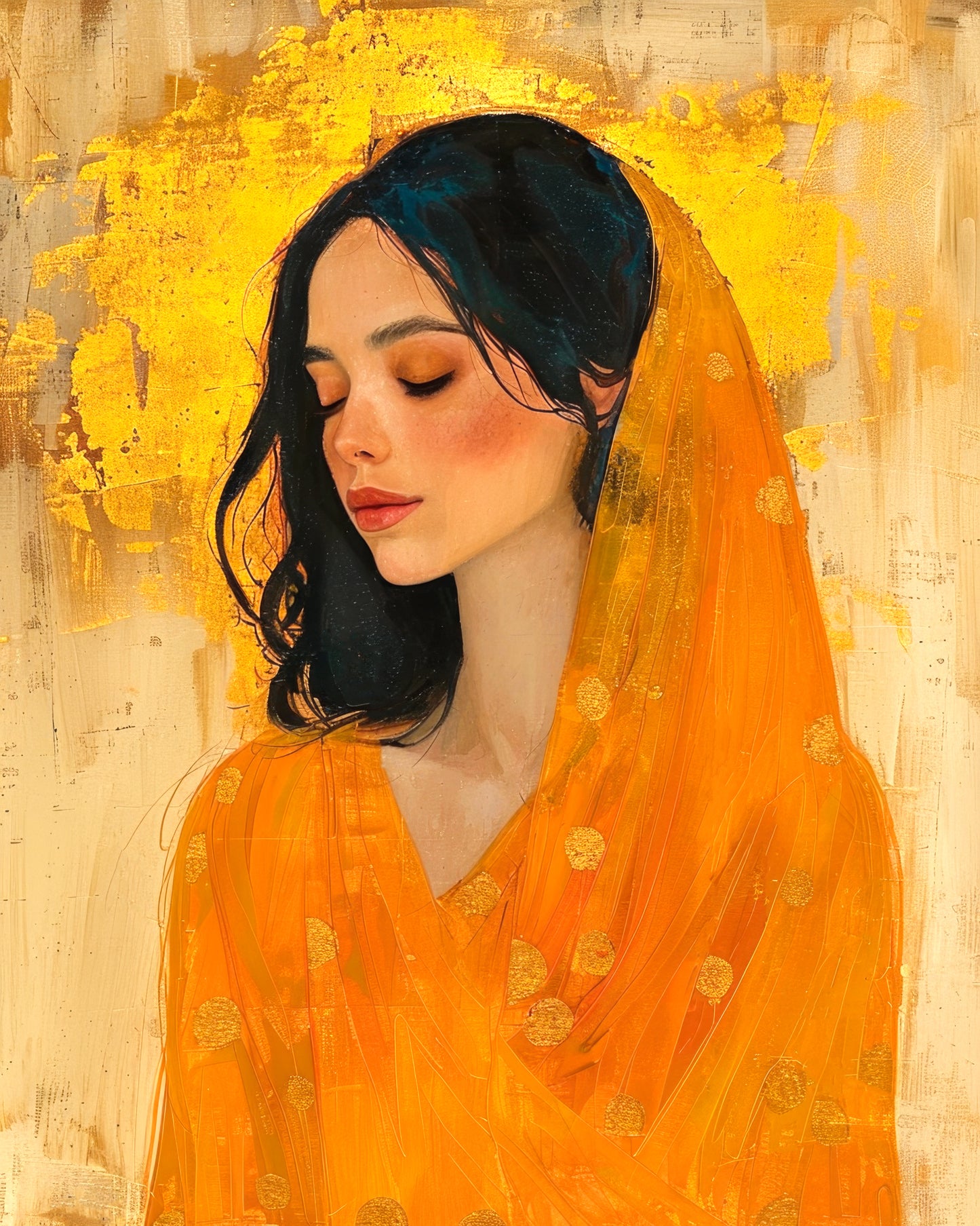 Fine art print featuring a beautiful woman in a Klimt-inspired style, adorned in an orange veil with golden patterns against a golden, textured background. This art print is a stunning example of an artwork print.