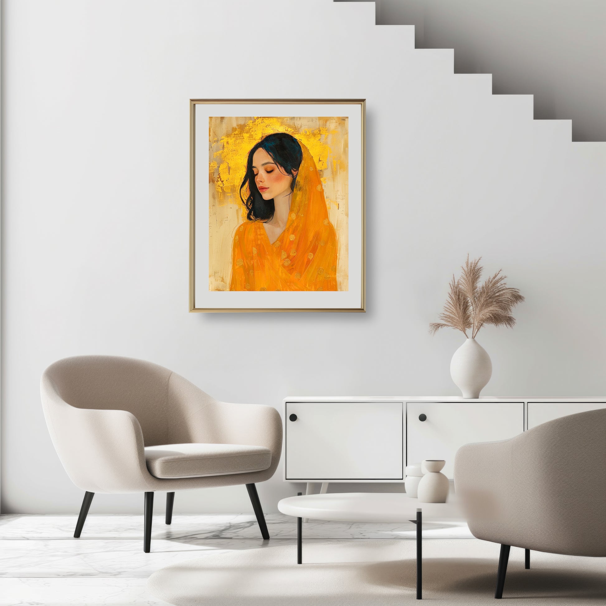 Framed fine art print depicting a woman with dark hair and a golden veil from the Heart Of Gold collection.