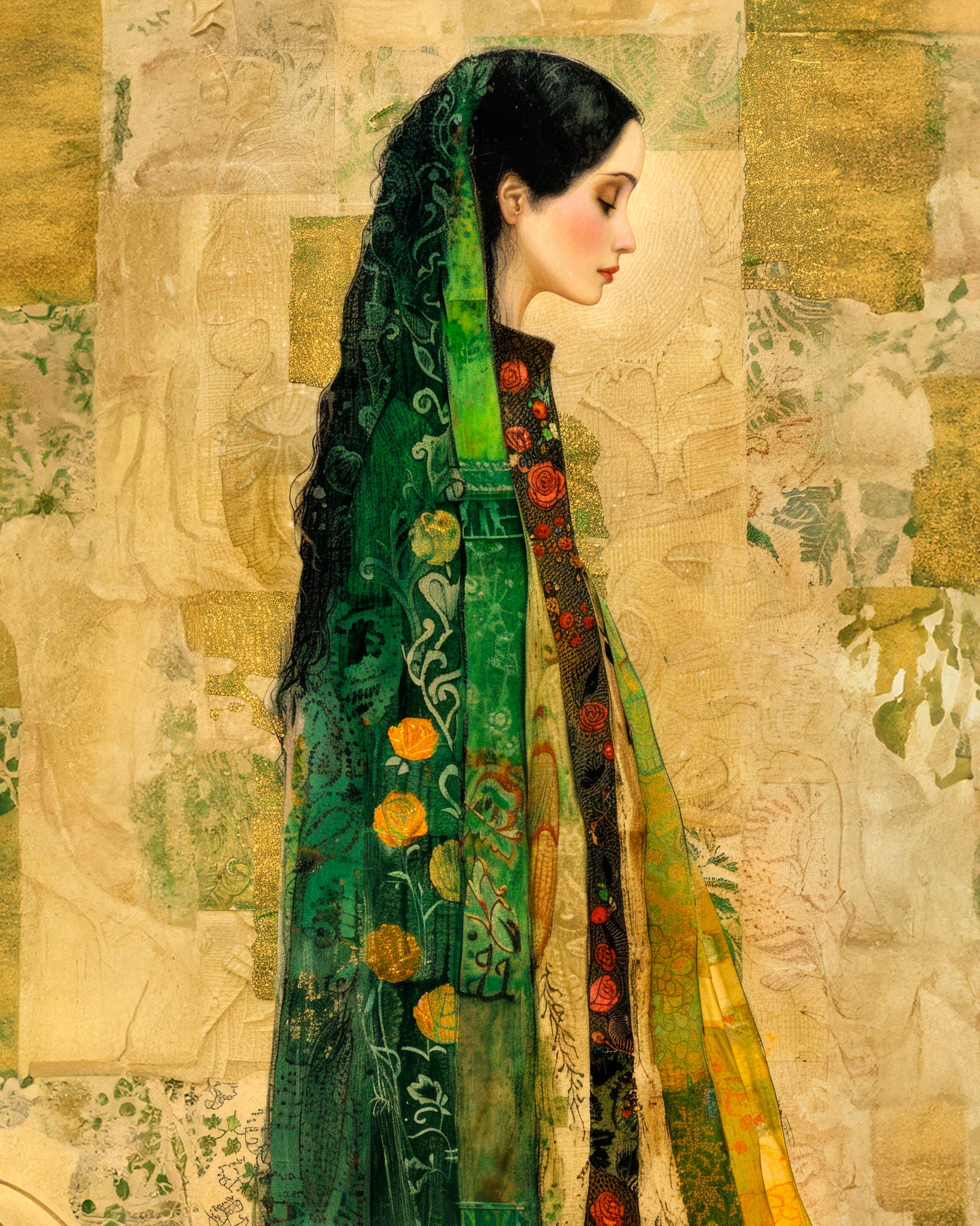 Fine art print of a woman in a green and gold veil from the Heart Of Gold collection.