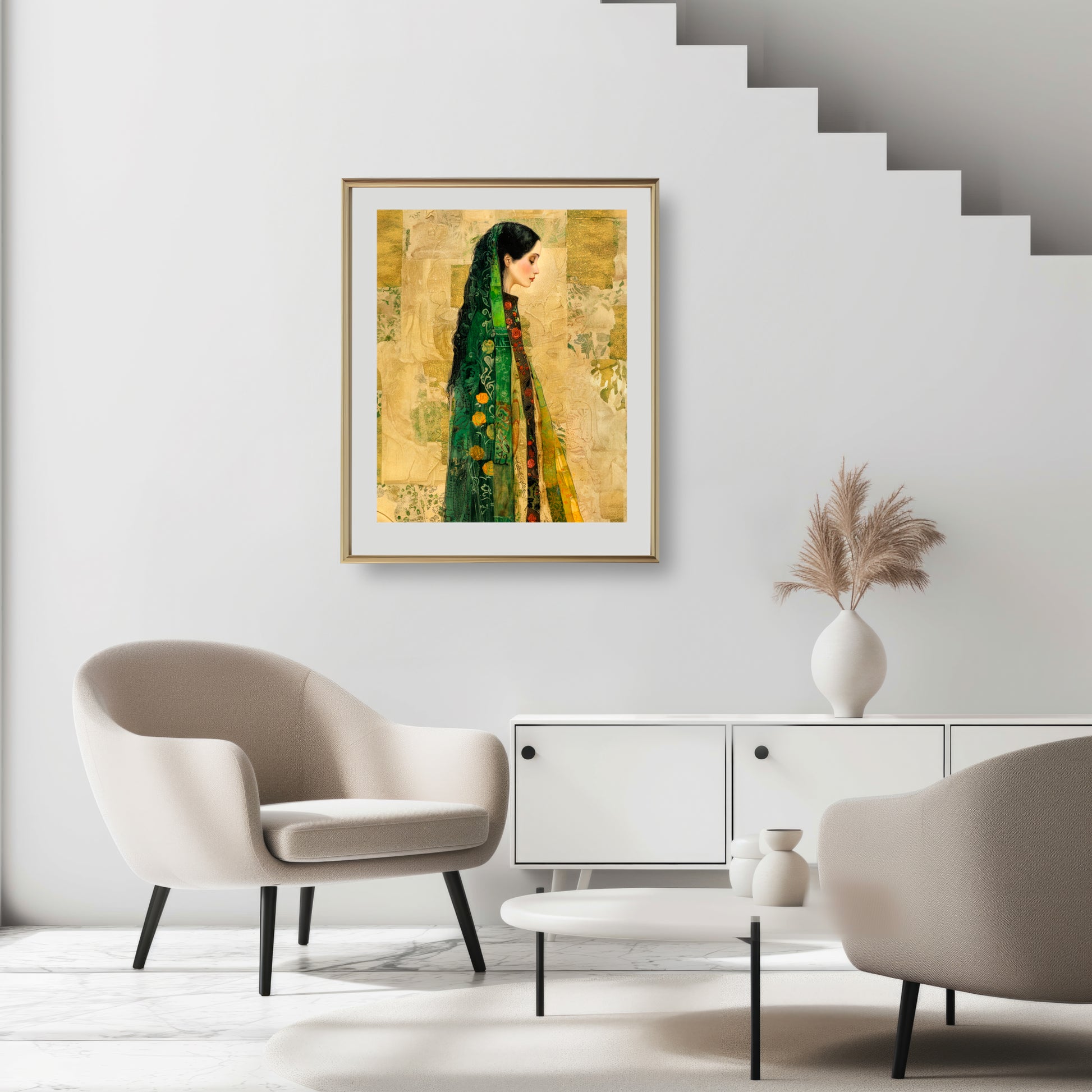 Art print of a woman with dark hair in a green and gold veil from the Heart Of Gold collection.