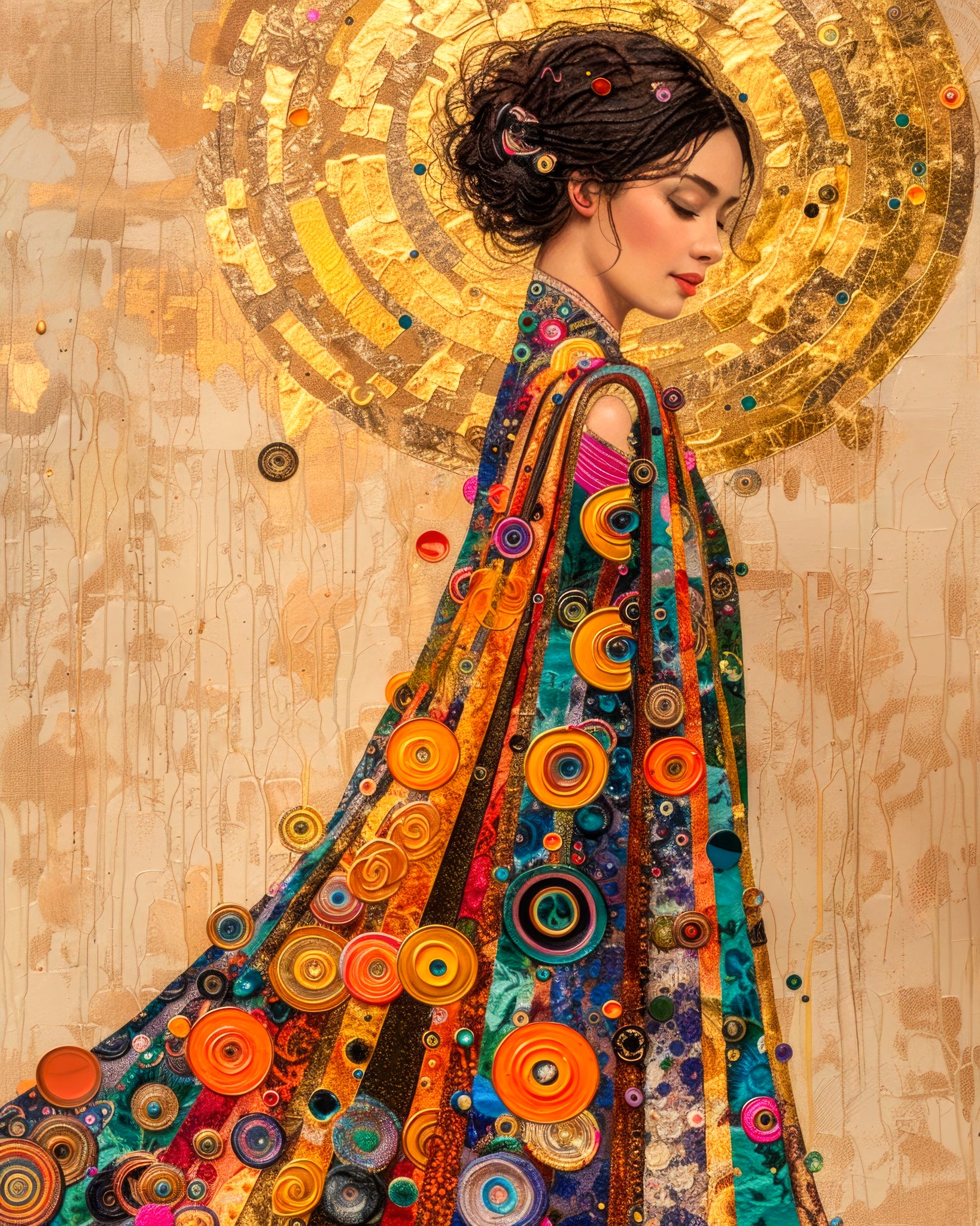 Fine art print of a woman in a colorful robe with golden halo from the Heart Of Gold collection.