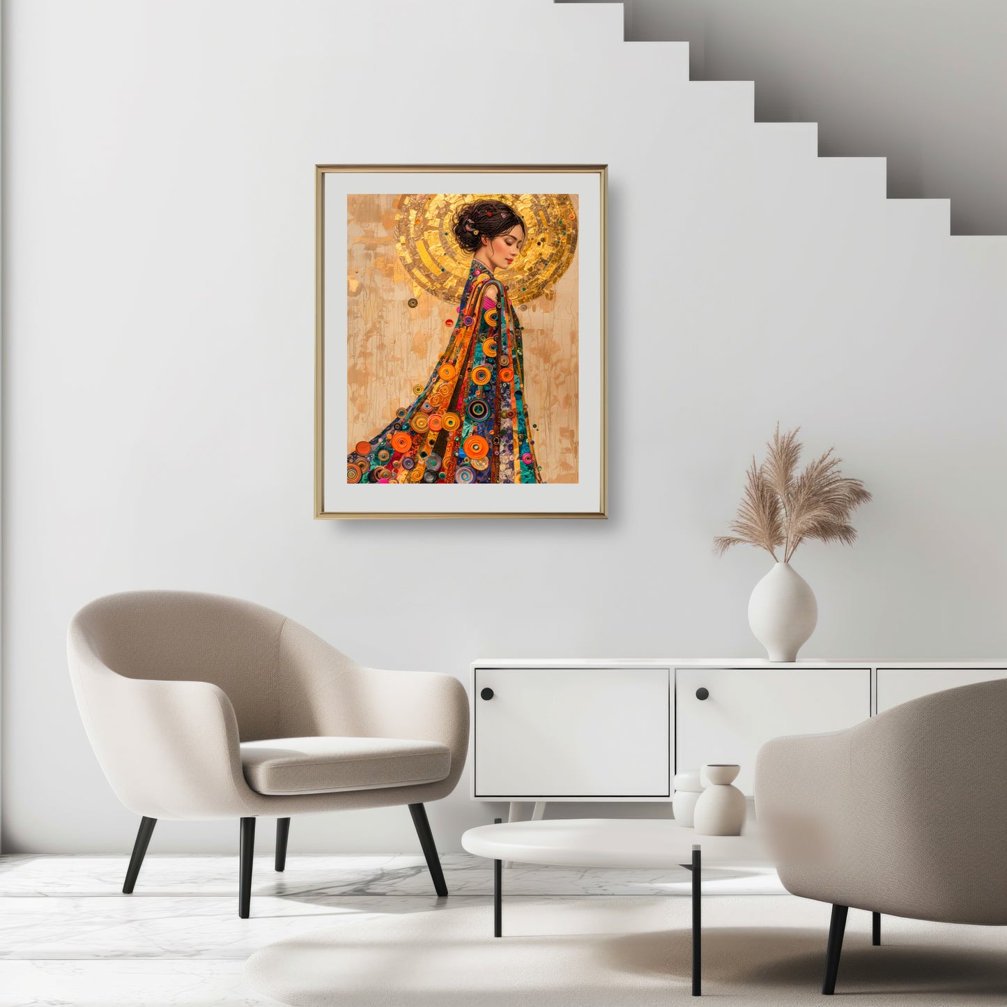 rt print of a woman in a multicolored robe with a golden halo from the Heart Of Gold collection.