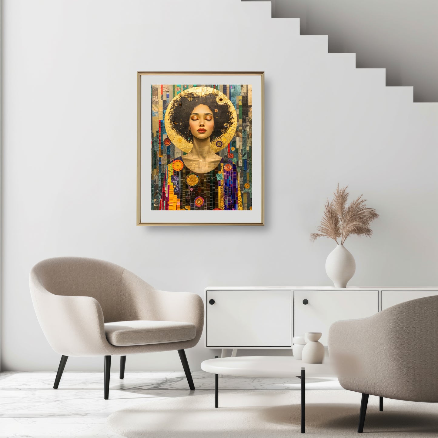 Art print of a woman with a golden halo and intricate mosaic background from the Heart Of Gold collection.