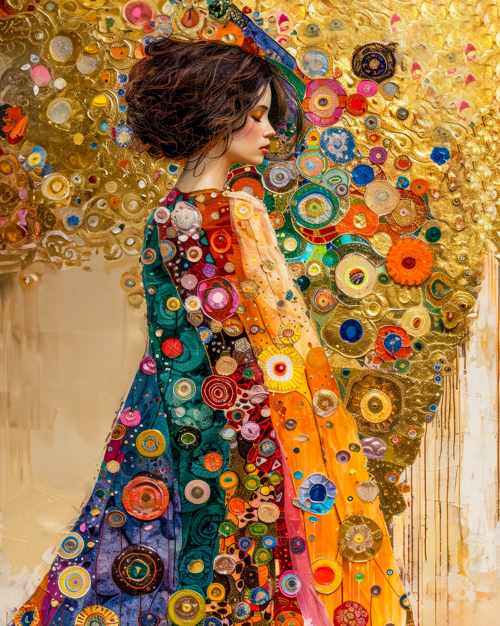 Fine art print of a woman in a colorful, circular-patterned cloak from the Heart Of Gold collection.