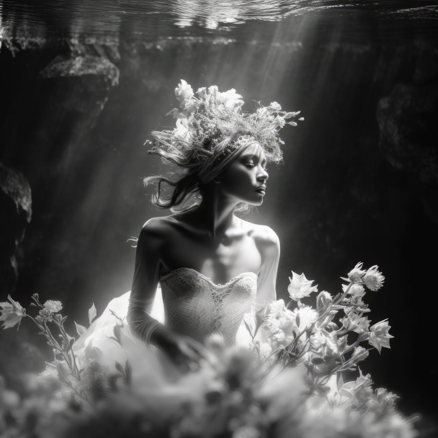 Fine art print of an ethereal woman underwater with flowers from the Siren Song Mermaid Collection.