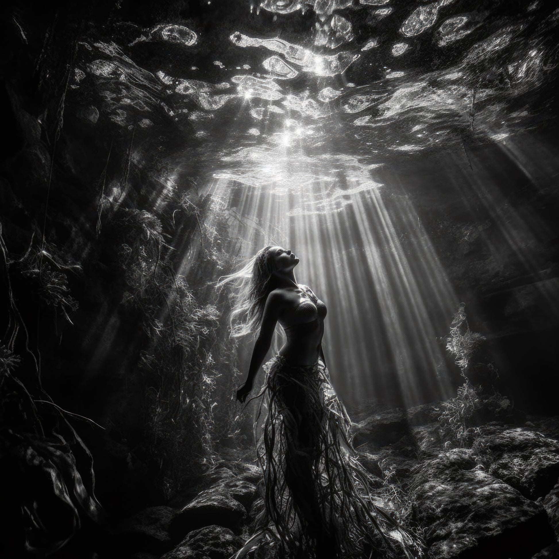 Black and white archival fine art print of a woman underwater illuminated by sunrays from the Siren Song Mermaid Collection, printed on acid-free materials.