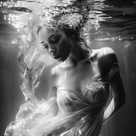 Archival black and white fine art print of a serene woman underwater from the Siren Song Mermaid Collection, printed on acid-free materials.