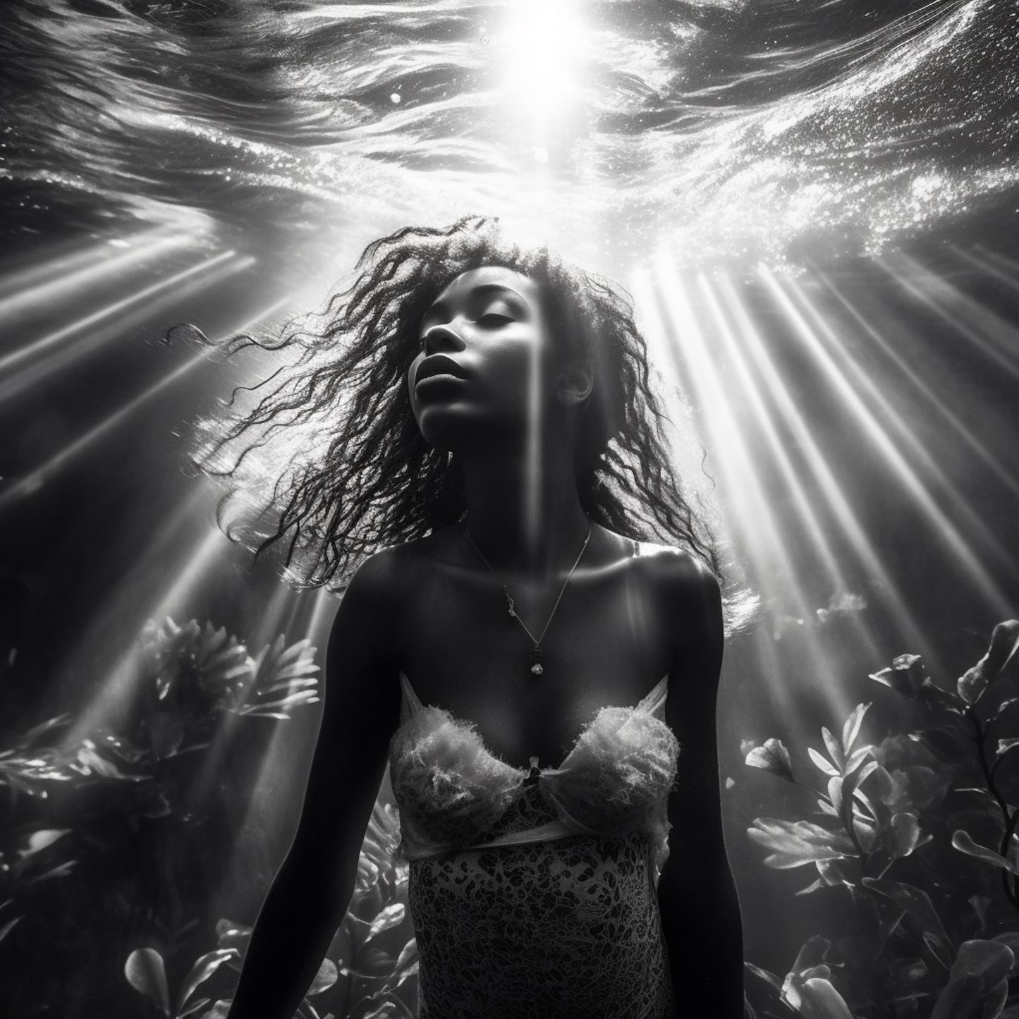 A mermaid gracefully ascending toward the surface, from the Siren Song Mermaid Collection, captured in a stunning black and white fine art print.