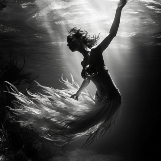 Captivating black and white fine art print of a mermaid ascending through the water, from the Siren Song Mermaid Collection, archival and acid-free.