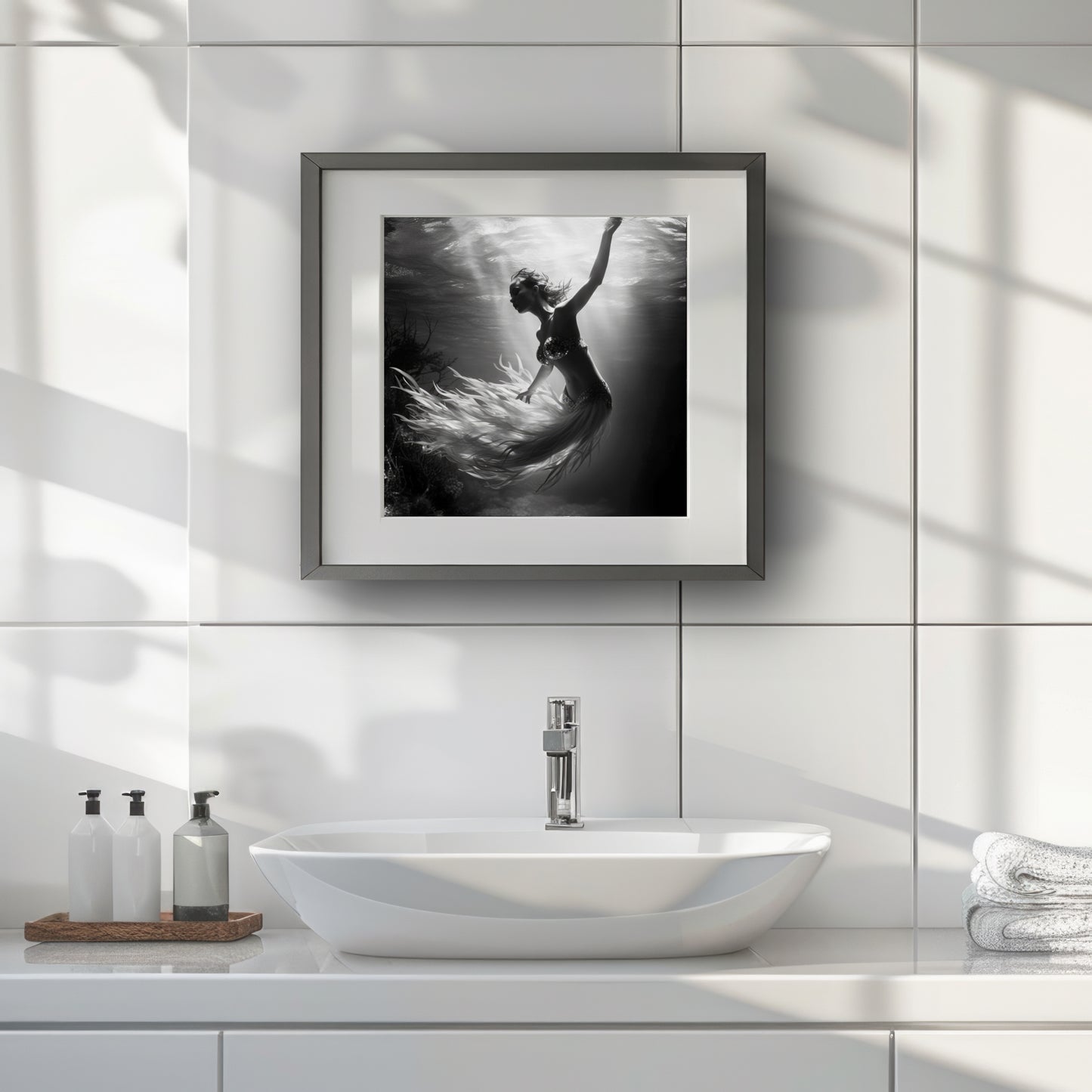 Ethereal image of a mermaid gracefully ascending, part of the Siren Song Mermaid Collection, in a black and white fine art print, archival and acid-free.